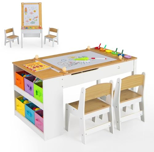 LIFEZEAL 3 in 1 Kindersitzgruppe Holz, Kindertisch mit 2 Stühlen, Kinder Tafel & Basteltisch & Lerntisch, Kindermöbel Kinderzimmer Set, Innen mit Papierrolle & Stauraum, ab 3 Jahren (Natur)
