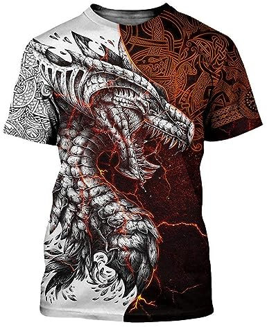 AVLUZ Viking 3D Print Dragon Tattoo T-Shirt, Celtic Dragon Short Sleeve Top T Shirt, Half Sleeved, Hip-Hop, Unisex. (Black,5XL)
