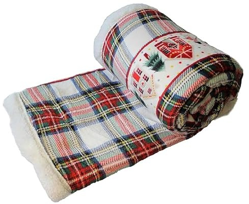 INTRECCI Coperta Plaid in Micropile, Coperta Pile con Pelliccia, Plaid per Divano, Calda, Morbida, 150x190cm, Fantasia Natalizia con Casette, Facile da Lavare, Resistente