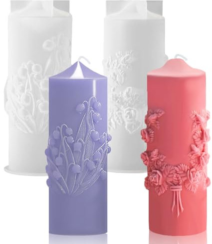 UPINS 2 Stück Kerzenform Silion, Zylindrische Kerzenformen 3D Blumen Kerzenformen zum Gießen von Handwerk Dekoration Gießformen Silikon für Kerzenherstellung, Washs, Seifen (Maiglöckchen, Rosen)