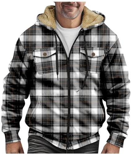 Generisch Outdoor Hemd Gefüttert, Herren Kariertes Winterjacke Thermohemd Fleece Gefüttert Freizeit Jacke Mit Kapuze Holzfällerhemd Fueri Gefütterte Fleecejacke Elutex Sweat (5XL, Dunkelgrau)