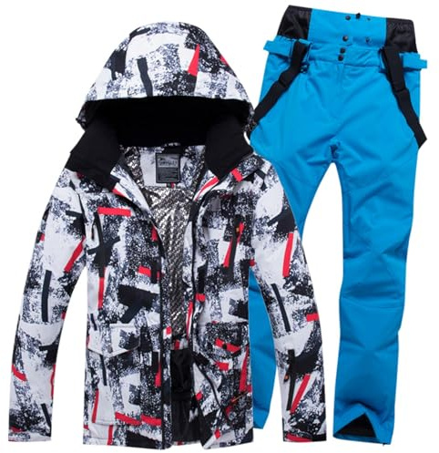 Generisch Ensemble veste de ski pantalon coupe-vent combinaison de neige pour homme sportif 2 pièces randonnée homme chaud hiver confort pantalon survêtement décontracté jogging imprimé multicolore