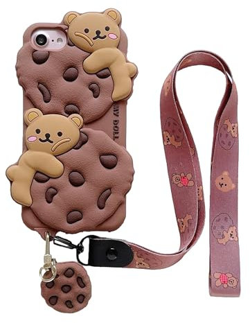 Lubiogio 3D Cute Cookie Bear Case with Lanyard for iPhone SE 2022/2020, Soft Silicone Case for iPhone SE 2022/SE 2020/6 6S 7 8 4.7 inch (Cookie Bear)