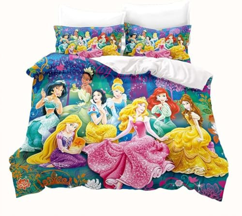 Agmdno Princess Kinder-bettwäsche 135x200 + Kissenbezug 80x80·Kinderbettwäsche Mädchen·Prinzessinnen Schneewittchen Belle Arielle (C,155x220/80x80x2)