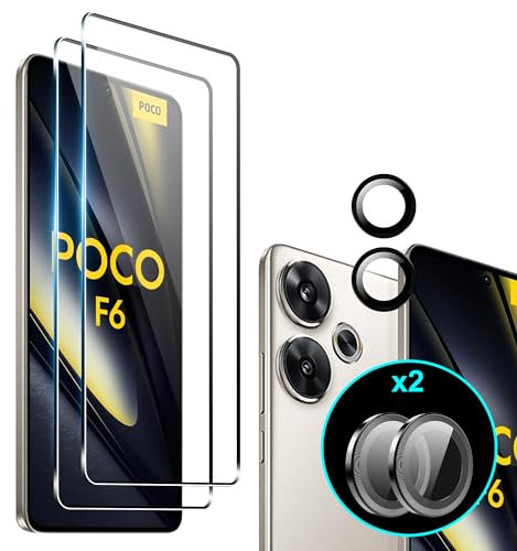 Heioloo [4 Piezas Protector de Pantalla para Xiaomi Poco F6,2 Piezas Cristal Templado con 2 Piezas Protector de Lente de cámara,Sin Burbujas, Dureza 9H Vidrio Templado, Arañazos