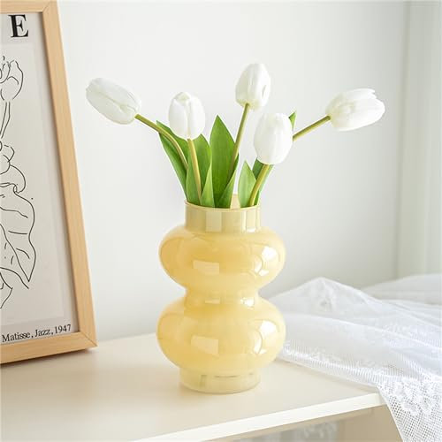 JSPYFITS Milchig Gelb Glas Vase Für Pampasgras Ins Moderne Flower Vase Für Heimdekoration Boho Stil Vasen Glas für Hochzeit Doppelte Kugeln vasen für Dekoration,Geometrische vasen für Haus/Büro/Party