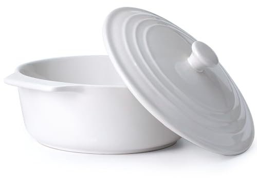 Cacerola redonda de cerámica con tapa, apta para horno, cacerola cubierta de gres de 23 cm, bandeja blanca para hornear con tapa