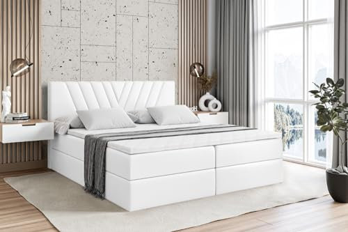 ALTDECOR Boxspringbett mit Matratze und Lattenrost, Boxbett, Topper, Polsterbett mit Bettkasten, Bett mit Stauraum H3-Matratze, Doppelbett, Springboxbett - ERNINA - 200x200 - Weiß Kunstleder