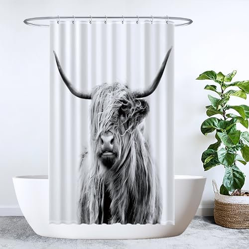 Ulticool Duschvorhang - Schottischer Highlander Schwarz Weiß - 120 x 200 cm – Anti Schimmel - Waschbar – Wasserdicht - mit 8 Ringe