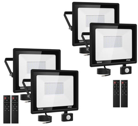 papasbox 4 Stück 100W LED Strahler mit Bewegungsmelder Außen | Flutlicht Außenstrahler Scheinwerfer mit Fernbedienung Lichtsensor | 6500K Kaltweiß IP66 Wasserdicht Fluter für Garten Garage Sportplatz