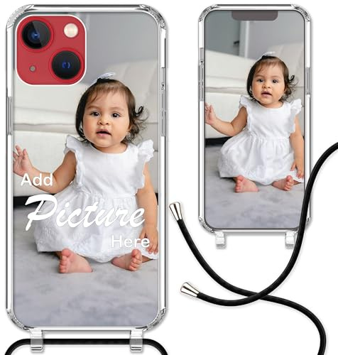 CoverHeld Handyhülle Kompatibel Mit iPhone 13 Mini - Silikon Hülle Mit Schwarzem Band Selbst Gestalten - Personalisierbare Handykette Kordel in Schwarz - Dein Design/Bild