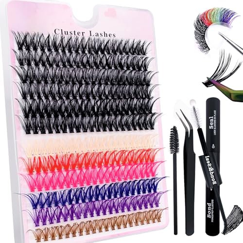 240 Pcs DIY Extensions de cils Set 0.07D Cils Uniques Individuels Faux cils Cluster Mix 6 couleurs avec colle à cils et pince à épiler pour débutants Réutilisable Touffes de cils (50D+Color)