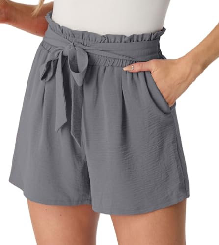 PrinStory Damen Shorts High Waist Kurze Hose Leicht Sommershorts Gürtel Breites Bein Strandshorts Mit Taschen (Dunkelgrau,M)