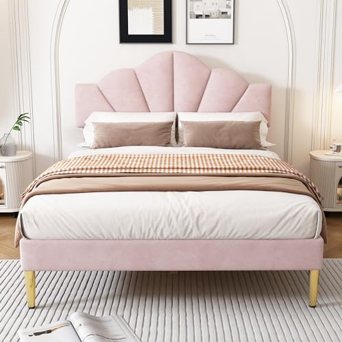 SUKY Velluto, letto imbottito rosa, letto a conchiglia con gambe in ferro dorato, testiera regolabile in altezza, doghe in legno (140 x 190 cm)