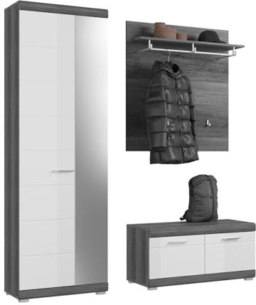 Inn.Furn Garderobe Set 3-teilig in weiß Hochglanz und grau Rauchsilber Garderobenkombination mit Sitzbank Diele Flur 167 x 197 cm Shawn (ohne Sitzkissen, 3 teilig)