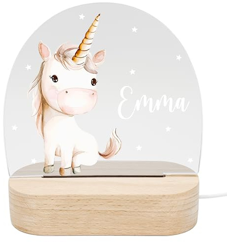 DEL MÀ Unique & Personal Einhorn Nachtlicht personalisiert für Kinder Babys Babyzimmer Kinderzimmer Deko Nachtlampe Mädchen Geschenk zur Geburt Kinderlampe Inkl. Holzfuß
