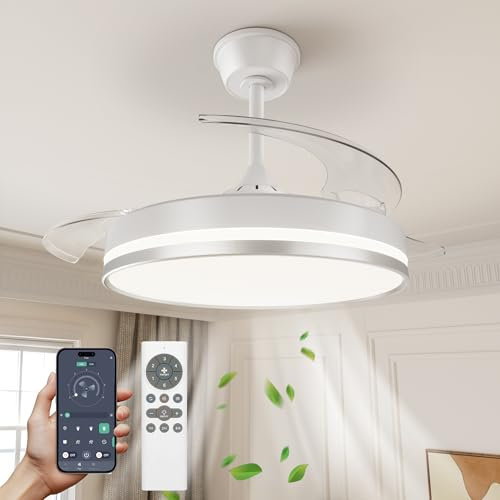 VOLISUN Ventilador de Techo con Luz LED Aspas Retráctiles, Silencioso Motor DC, CCT Regulable, Mando a Distancia y Temporizador - Lámpara Ventilador Moderna para Salón y Dormitorio (Gris, 106cm)