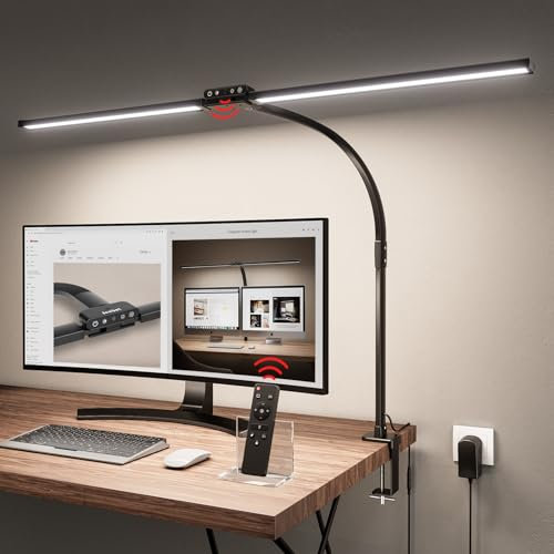 Jeebel LED Schreibtischlampe Dimmbar 24W, 1800LM 80cm Doppelkopf Schreibtisch Lampe mit Fernbedienung, Klemmbar(9,5cm), 10 Farbtemperatur 10 Helligkeitsstufe, Schwanenhals Lampe Tischlampe für Büro