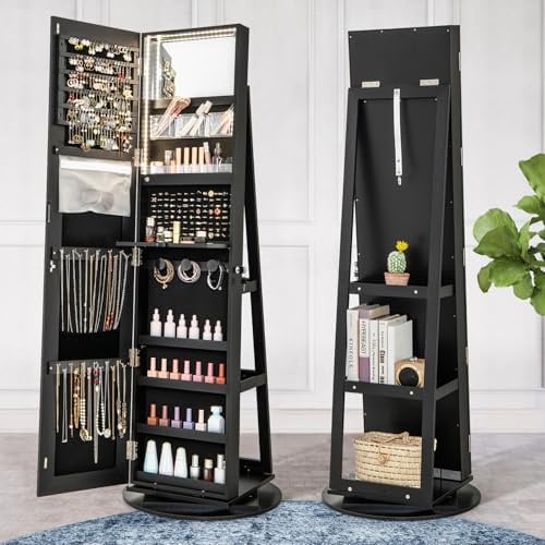 GYMAX Armadietto per Gioielli Girevole a 360°, con Specchio a Figura Intera Luce a LED a 3 Colori, Specchio Interno per il Trucco con Serratura, 54,5 x 54,5 x 161cm (NERO)