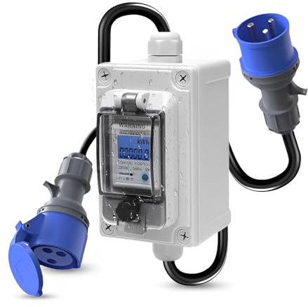 WDKXCN Mobiler Digitaler Stromzähler, 230V 16A Stromzähler für Steckdose Outdoor, IP67 Wasserdicht Zwischenzähler Strom Outdoor mit Gummischlauchkabel Tragbar, für Wohnmobile Elektrofahrzeuge