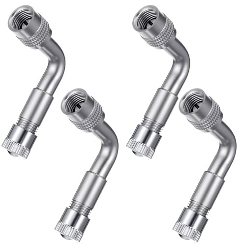 TIESOME 4PCS 90 Degree Valve Stem Extenders, Universal Brass Tire Valve Extension Adaptor Metal Stem Extensions for Passenger Cars Bicycles Motorcycles Trailers RV Vehicles (Silver)