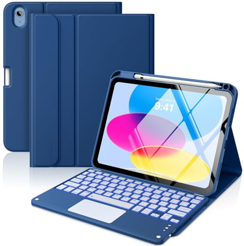 MoKo Touch Keyboard Case for iPad (A16) 11th/10th Gen,Blu Navy | 7 Colors Backlit, Multi-TrackPad, with Pencil Holder, Auto Wake/Sleep, Compatible with iPad 11 inch 2025, iPad 10.9 inch 2020