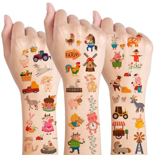 Qpout 10 Blatt Bauernhof Party Tattoos, 66pcs Niedliche Bauernhoftier Thema Temporäre Tattoos für Kinder Geburtstagsdekorationen Bauernhaus Party Gastgeschenke Zubehör Schule Belohnung