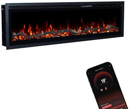 GLOW FIRE Elektrokamin Core 127 mit realistischem 3D LED-Feuer - Wand-Elektrokamin mit Heizung und Kaminfeuer, App Steuerung, Knistereffekt & Timer, max. 1800 W, 127x35x12cm