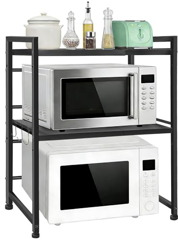 FREEAMG 3-Tier Expandable Microwave Oven Rack - Height Adjustable Microwave Oven & Air Fryer Rack with Hooks & Non-Slip Pads, Carbon Steel Organiser for Pots, Pans & Spices Storage, Black