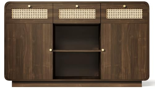 Kommode Sideboard 120 cm in Nussbaum – Schubladenschrank mit Rattan & Goldgriffen, 3 Schubladen + 2 Schränke + offenes Regal, höhenverstellbare Einlegeböden, Landhausstil Anrichte, H85/B120/T40 cm
