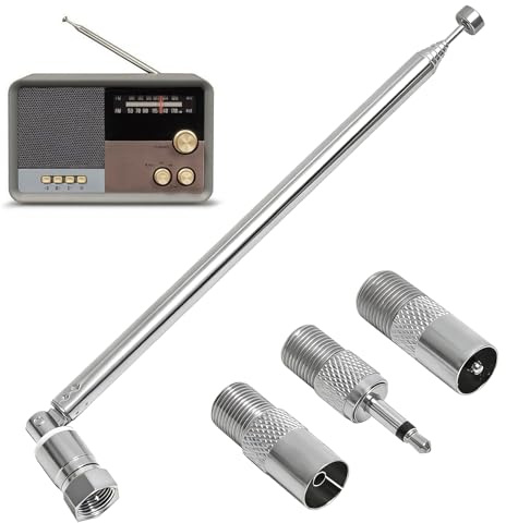 DAB FM Radio Aerial Indoor Telescopic Antenna 75 Ohm, Long-Range Signal Booster with F-Type Connector and 4 Adapters, 15–75cm Extendable FM Radio Aerial for Stereo Receivers, Tuners, Home Audio System