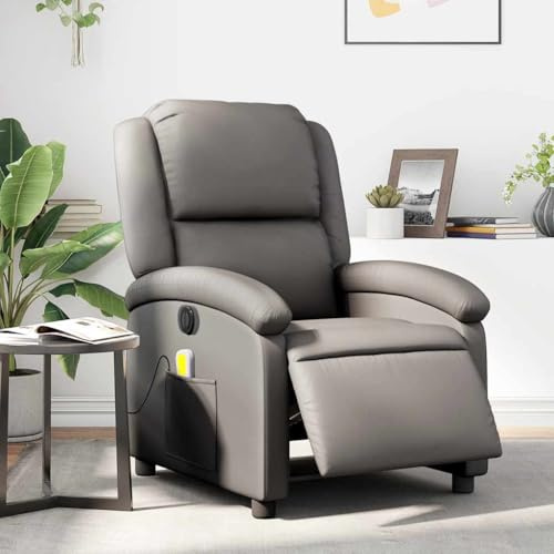 Owoxanthellate Fauteuil de massage électrique en cuir véritable gris 71 x 86,5 x 99,5 cm avec fonction allongée 135° massage vibrant 6 points Fauteuil TV pour salon détente