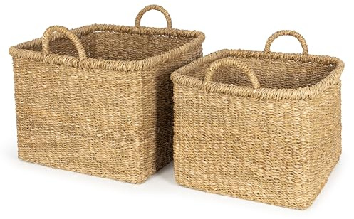Olly & Rose Large Set 2 Premium Woven Seagrass Handmade Storage Baskets Square 45 and 40cm Large Premium Laundry Baskets and Display Versatile Natural