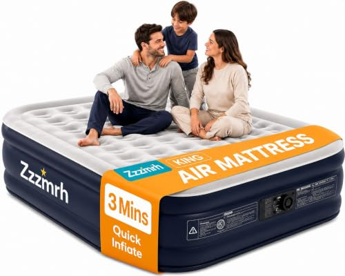 ZZZMRH Air Bed - Blow Up Mattress with Built-in Electric Air Pump, 3 Min Self-Inflating/Deflating Single Air Mattress with Flocked Surface, Portable Airbed for Home, Camping & Guests (99x190+46cm)