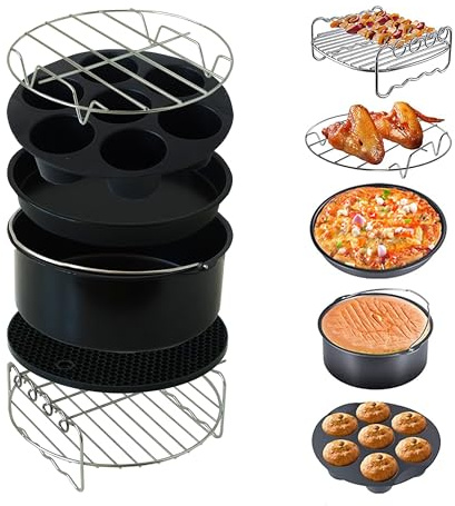 Airfryer Zubehör Set – 6-teilig für XL & XXL (Ø17.5 cm) – Geeignet für Philips, COSORI, Princess – Backform, Pizzapfanne, Muffinform, Spießregal, Silikonmatte