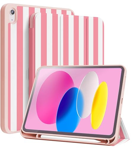 TopPerfekt Hülle für iPad 11Generation (A16) 11 Zoll (2025)/10. Generation 10,9 Zoll (2022),Streifenmuster mit Stifthalter, dreifach faltbares Smart Cover TPU-Rückseite,unterstützt Touch ID-Rosa Weiß