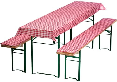 Waidmeister Bierbankauflagen Set 3 teilig - Auflagen für Bierzeltgarnitur - 1 Tischdecke 240x90 cm für Biertisch & 2 Bankauflagen gepolstert 220x25 - Farbe: Karo Rot