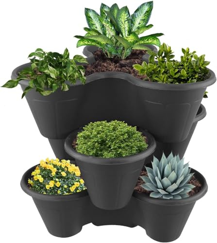 SPECTRAPLAST Strawberry Planter with Multiple Pockets – Vertical Strawberry Tower Pot for Growing – Tiered Stackable Garden Planter for Patio, Balcony & Outdoor Use – Black or Terracotta (3, BLACK)