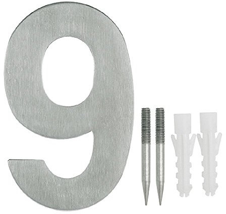 NUZAMAS Numeri civici 9, targa in acciaio inox per hotel Targa cifre Targa targa Numeri civici, montaggio a parete, larghezza 10,8 cm, altezza 15 cm, kit di installazione incluso