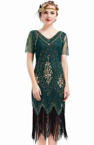 BABEYOND 1920s Flapper Fringed Sequin Dress V Neck Vintage Beaded Costume | For Cocktail, Prom, Evening, Gatsby, Art Deco, Halloween. Soft Polyester Long Fringe, Beads, Sequins, V-Neck
