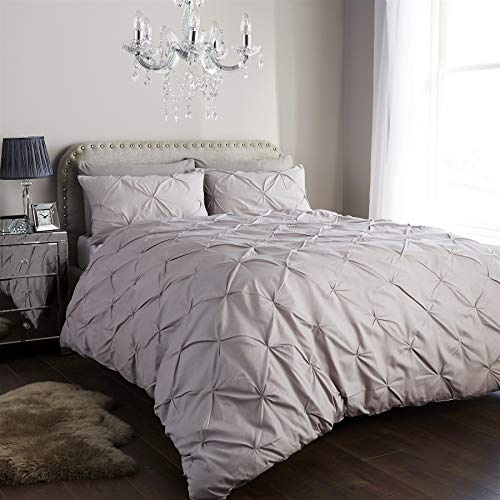Olivia Rocco Pintuck Duvet Cover Set Pinch Pleat Design includes Pillowcases Easy Care Soft Cotton Rich Quilt Bedding Bed Covers, King Silver