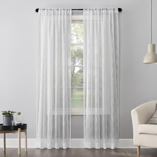 No. 918 Tamaryn Embroidered Trellis Sheer Rod Pocket Curtain Panel, 50 x 84, White