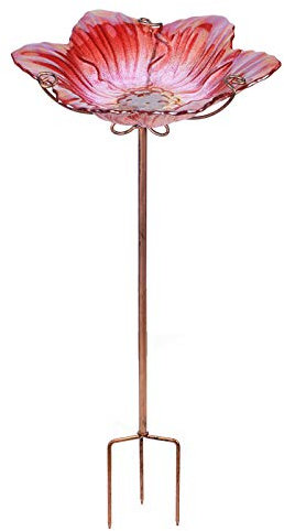 MUMTOP Vogeltränke für den Außenbereich Glas Vogeltränke Schüssel Outdoor Vogelfutterspender Blumenmuster mit Metallstab für Garten, Hof und Rasen Dekor (rot)