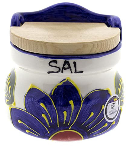 CERÁMICA RAMBLEÑA | Salero cocina | Salero con tapa de madera | Salero cerámica | Salero original | Decoración blanco-flor azul | 100% Decorado a Mano