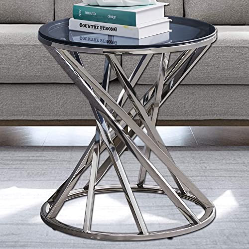 AINPECCA Round Sofa Side Table End Table Small Coffee Table Stainless Steel with Light Grey Tempered Glass Design Living Room (Silver)