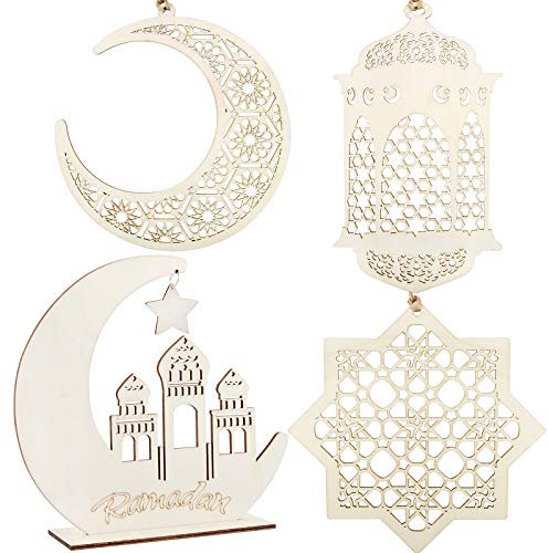 4pcs Ramadan Deko Holz Eid Mubarak Ramadan Dekoration Hängende Holz Laterne Kugeln Anhänger Muslim Islam Platte Zeichen Ornament für Zuhause DIY Wanddeko