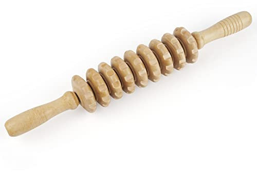 Whchiy Handheld Wood Massager Roller Trigger Point Massage Stick 9 Roller Massager Tool for Relieving Muscle Soreness Body Recovery (White)