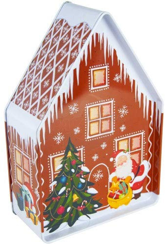 MediMuc Lebkuchenhaus Santa Claus - weihnachtlich bedruckte Dose mit Spitzdach und Tannenbaum - lebensmittelecht - Aufbewahrungsdose, Keksdose, Blechdose - Maße: (L x Bx H): 18,0 x 12,0 x 5,8cm