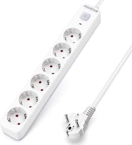 Aigostar Regleta Enchufes, Alargador Enchufe de 6 Enchufes con Interruptor, Cable de 3 Metros, Blanco