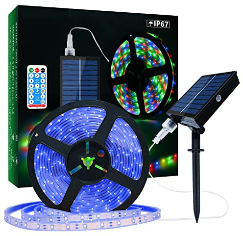 Tira de Luces LED Solares Exteriores, 10m 560 LED Tira de LED IP67 a Prueba de Agua, Luces LED Luz Azul con Control Remoto, 8 Modos de Iluminación 2835 SMD Luces de Cuerda para Jardín
